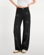 Nova Rhinestone Wide Straight Jeans – Black