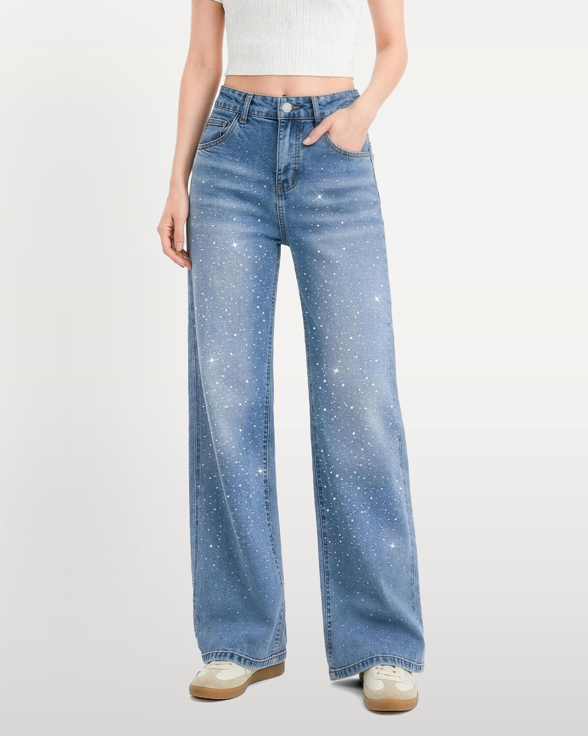 Nova Rhinestone Wide Straight Jeans – Light Blue