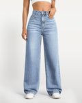 High-Waisted Stretch Wide-Leg Straight Jeans - Light Blue