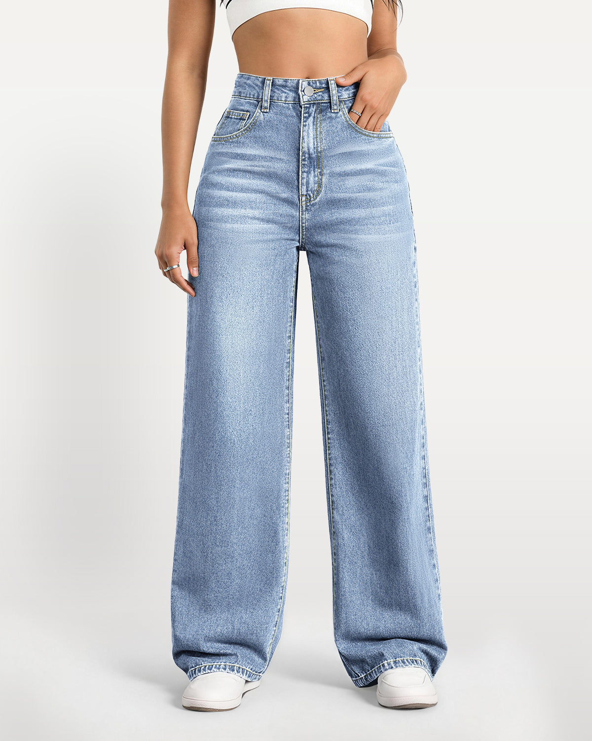 High-Waisted Stretch Wide-Leg Straight Jeans - Light Blue