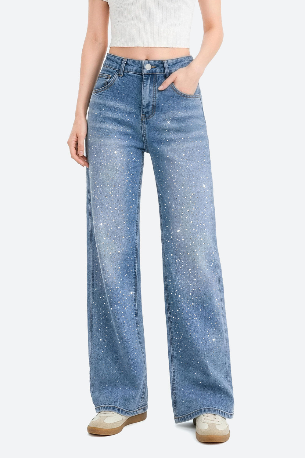 Nova Rhinestone Wide Straight Jeans – Light Blue