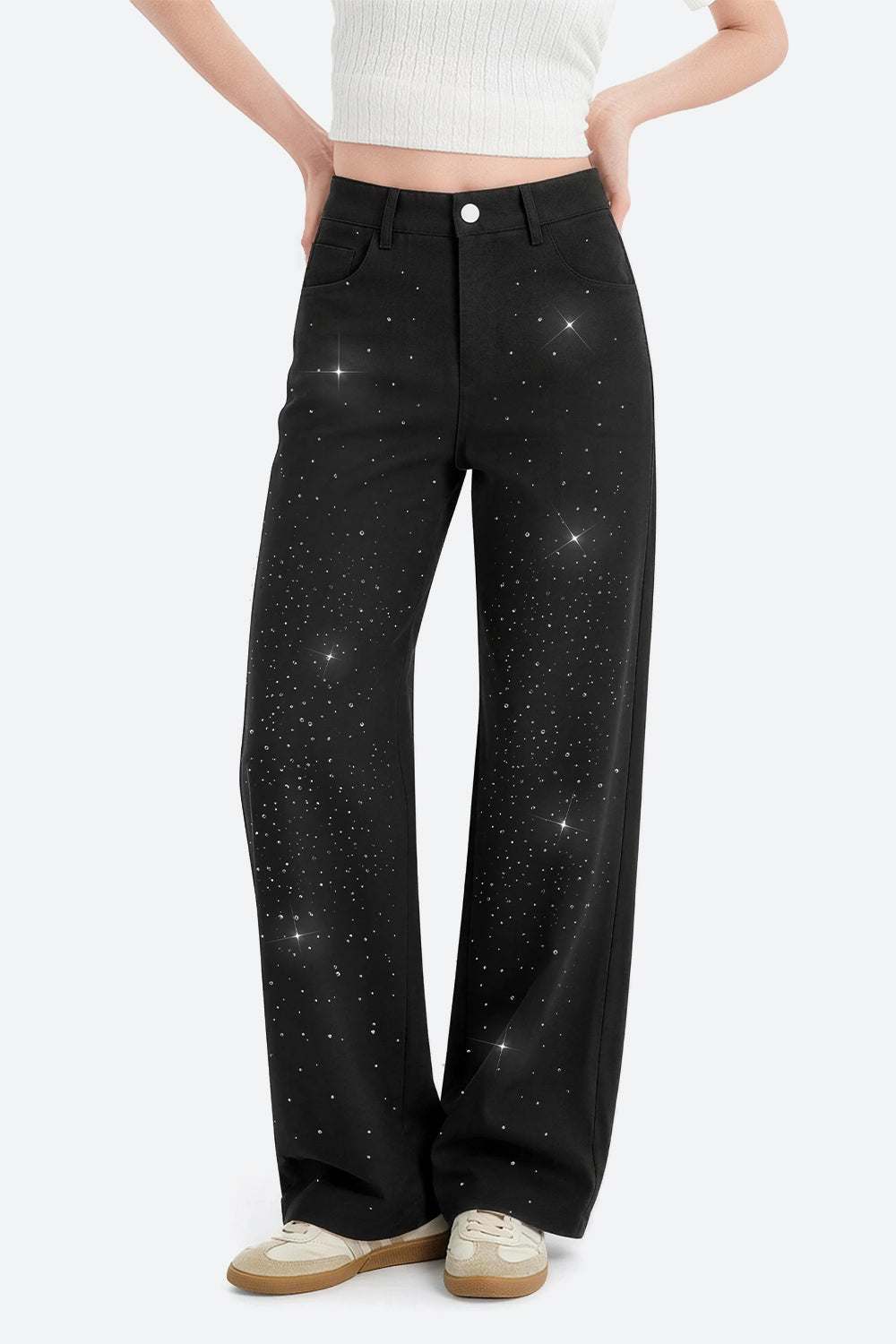 Nova Rhinestone Wide Straight Jeans – Black