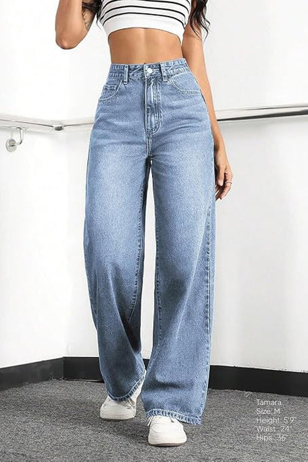 High-Waisted Stretch Wide-Leg Straight Jeans - Light Blue