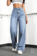 High-Waisted Stretch Wide-Leg Straight Jeans - Light Blue