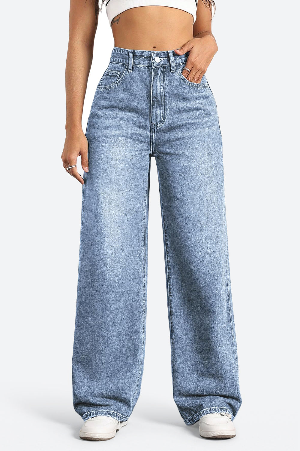 High-Waisted Stretch Wide-Leg Straight Jeans - Light Blue