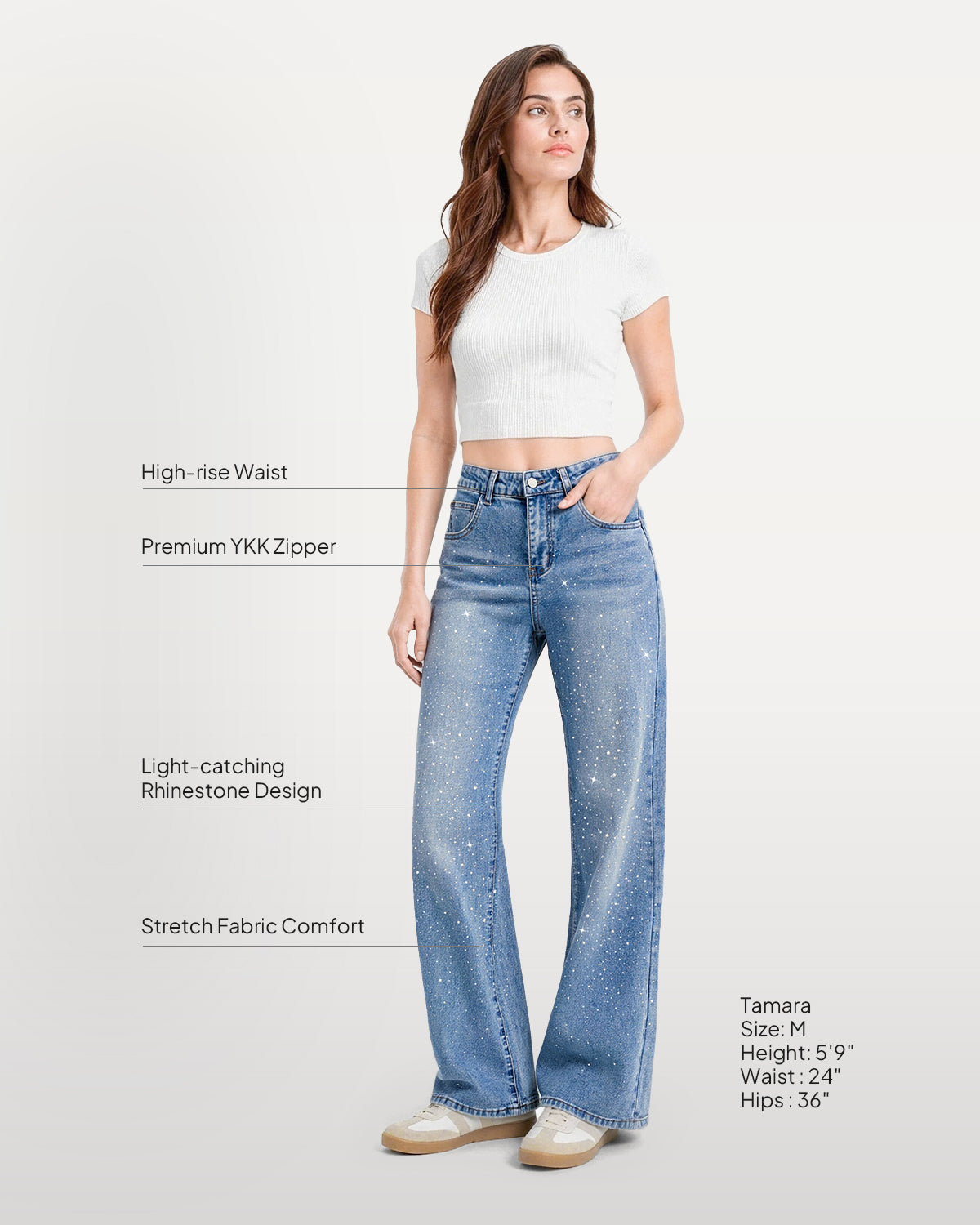 Nova Rhinestone Wide Straight Jeans – Light Blue