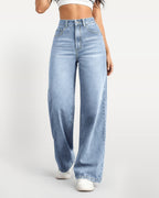High-Waisted Stretch Wide-Leg Straight Jeans - Light Blue