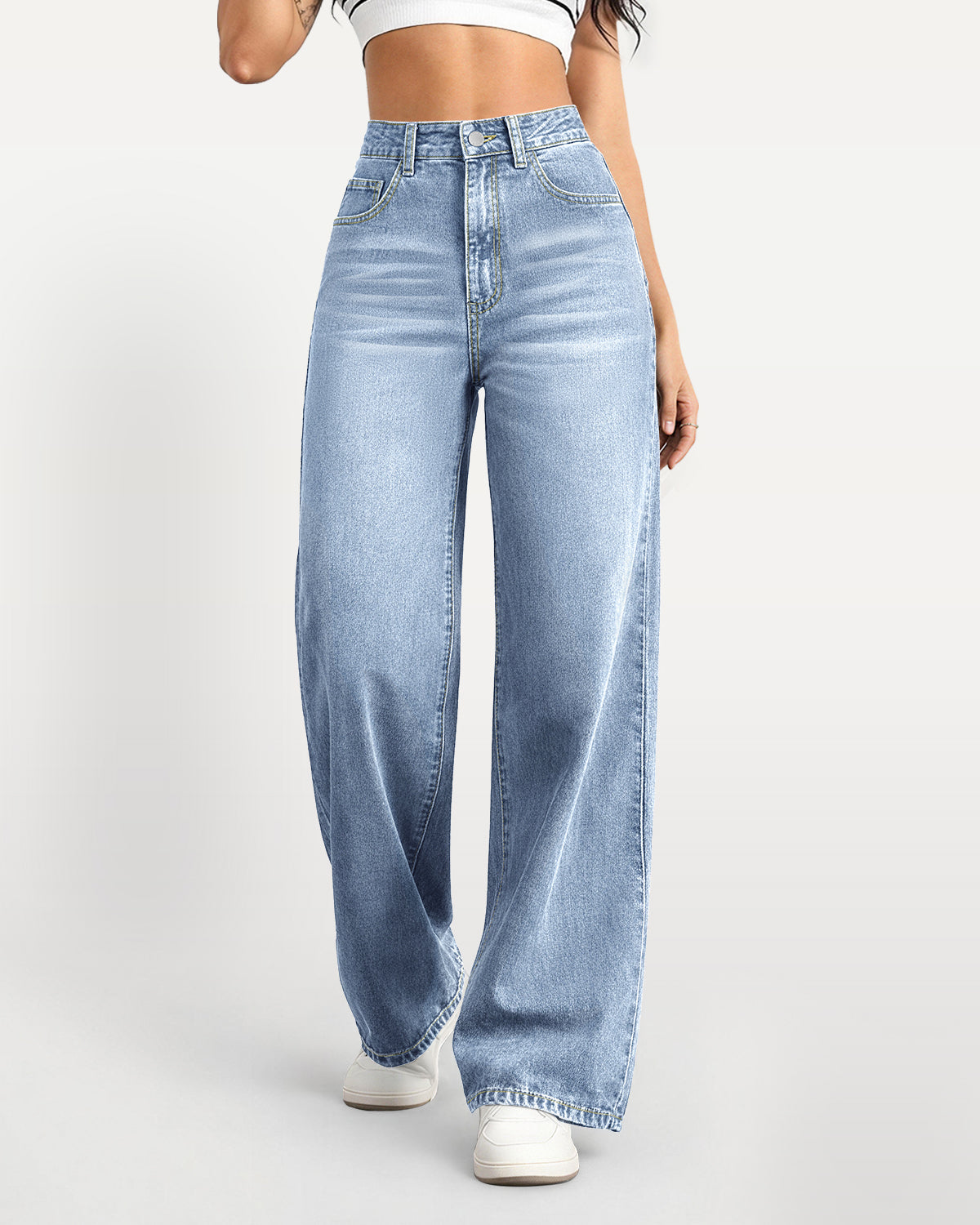 High-Waisted Stretch Wide-Leg Straight Jeans - Light Blue