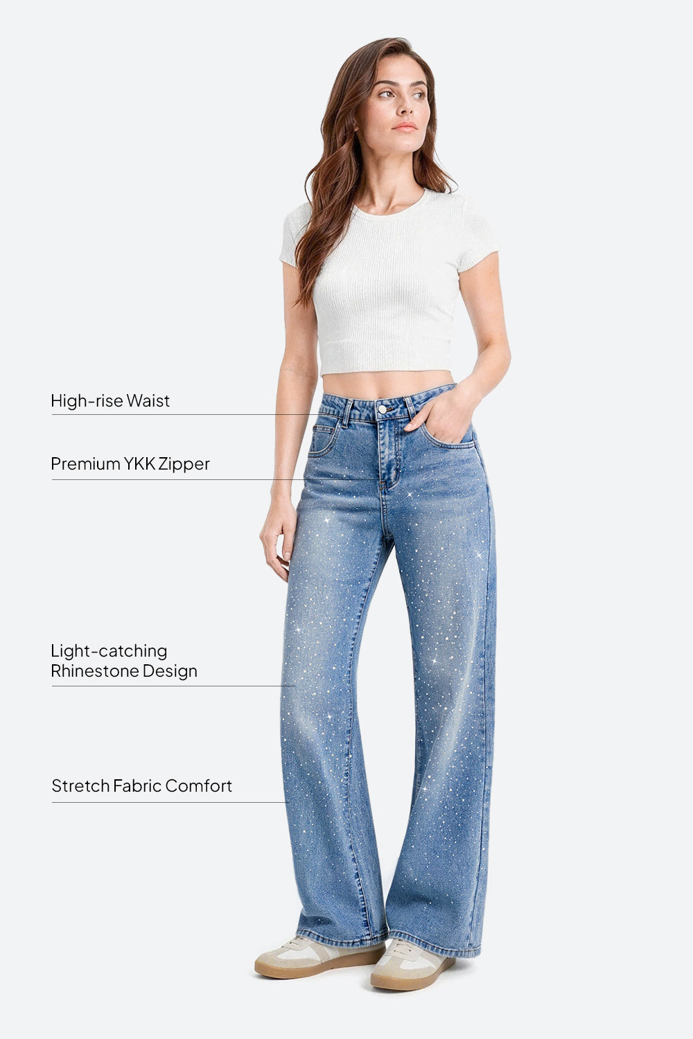 Nova Rhinestone Wide Straight Jeans – Light Blue