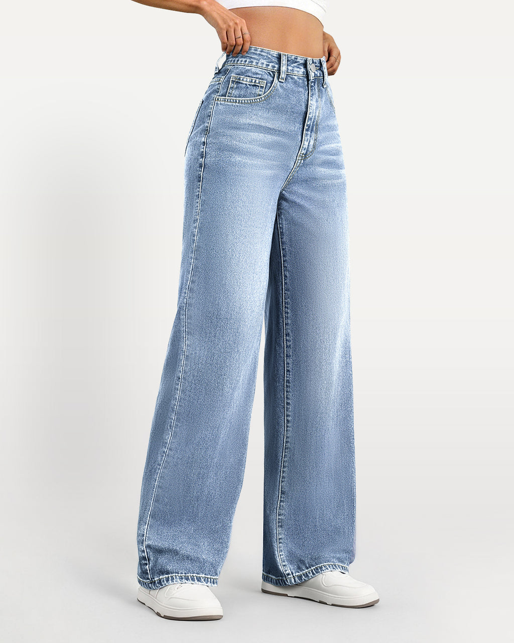 High-Waisted Stretch Wide-Leg Straight Jeans - Light Blue