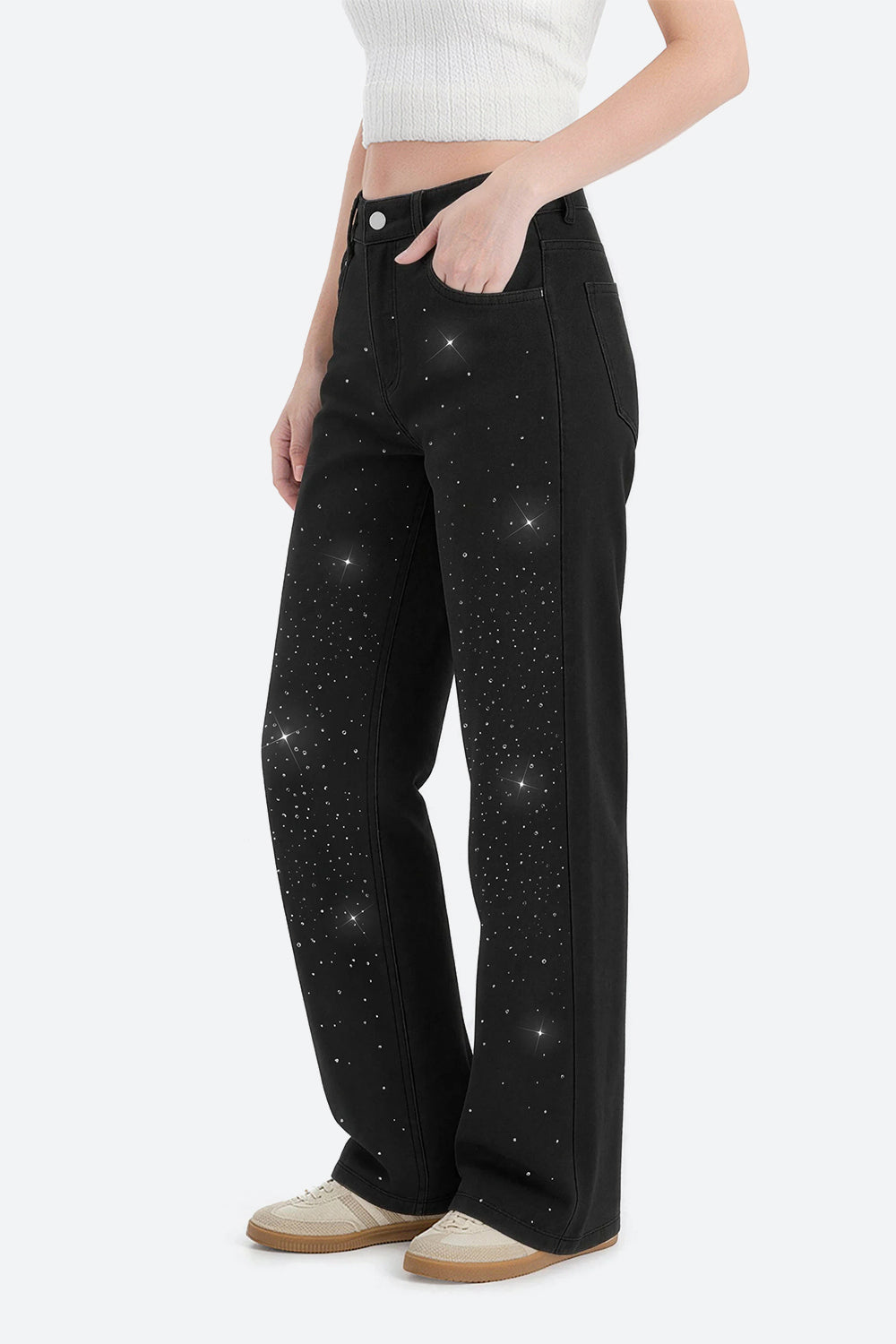 Nova Rhinestone Wide Straight Jeans – Black