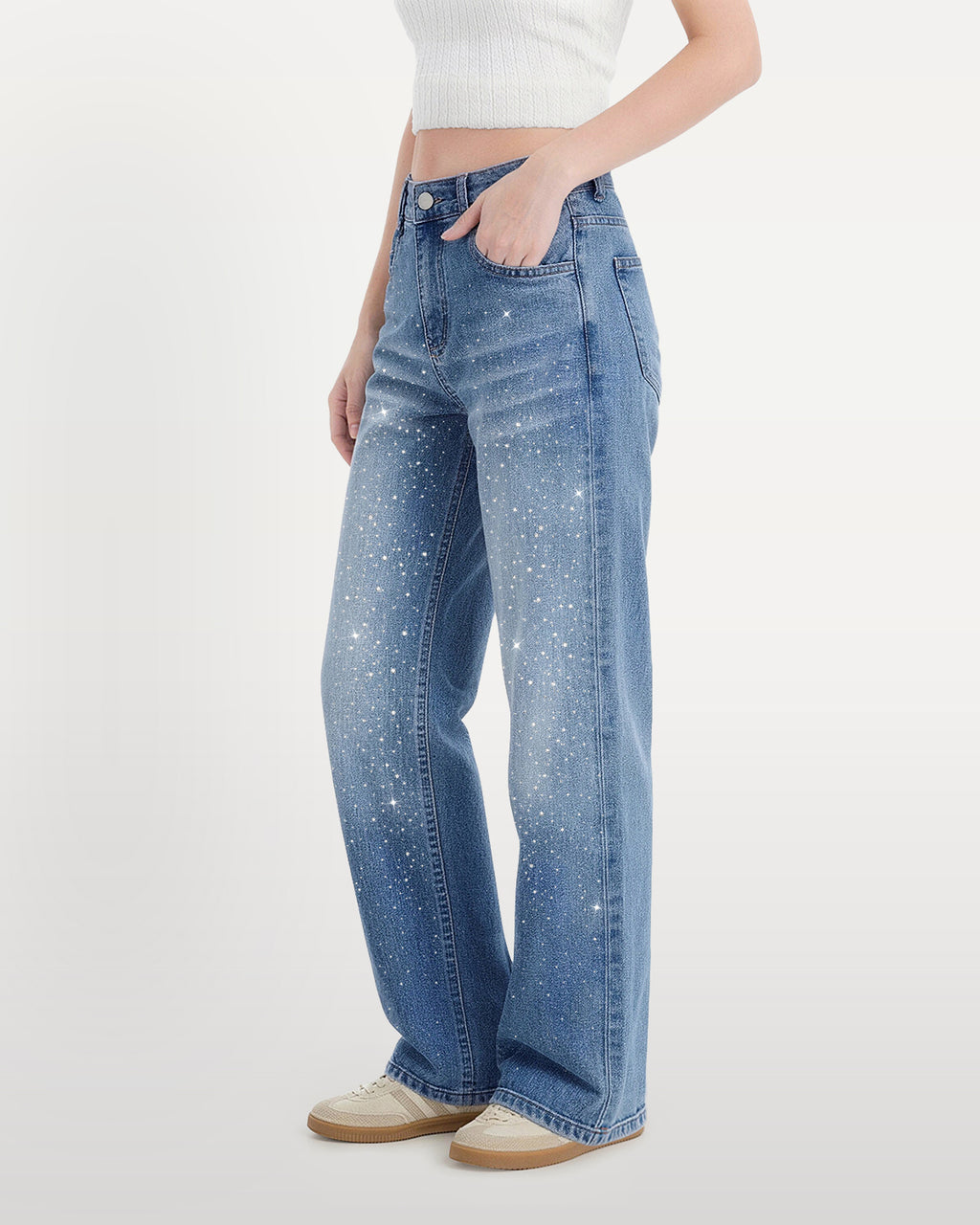 Nova Rhinestone Wide Straight Jeans – Light Blue