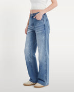 Nova Rhinestone Wide Straight Jeans – Light Blue