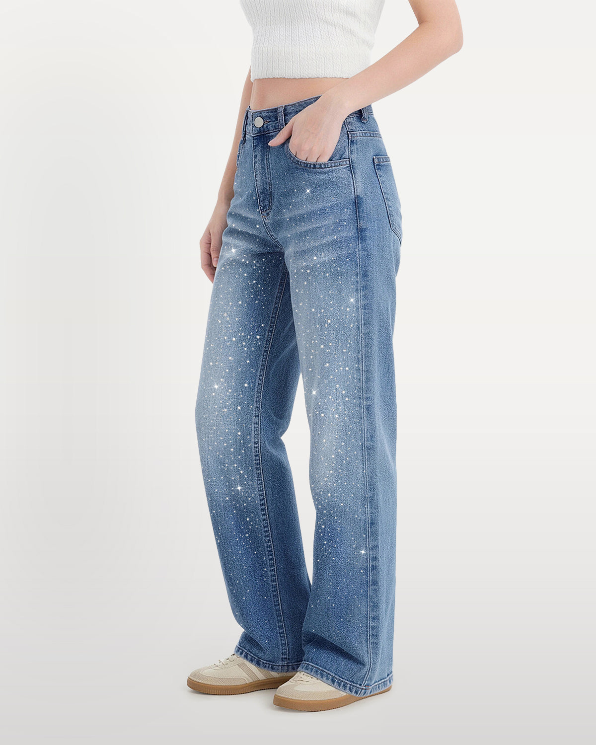 Nova Rhinestone Wide Straight Jeans – Light Blue