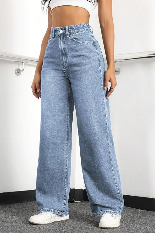 High-Waisted Stretch Wide-Leg Straight Jeans - Light Blue