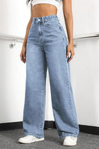 High-Waisted Stretch Wide-Leg Straight Jeans - Light Blue