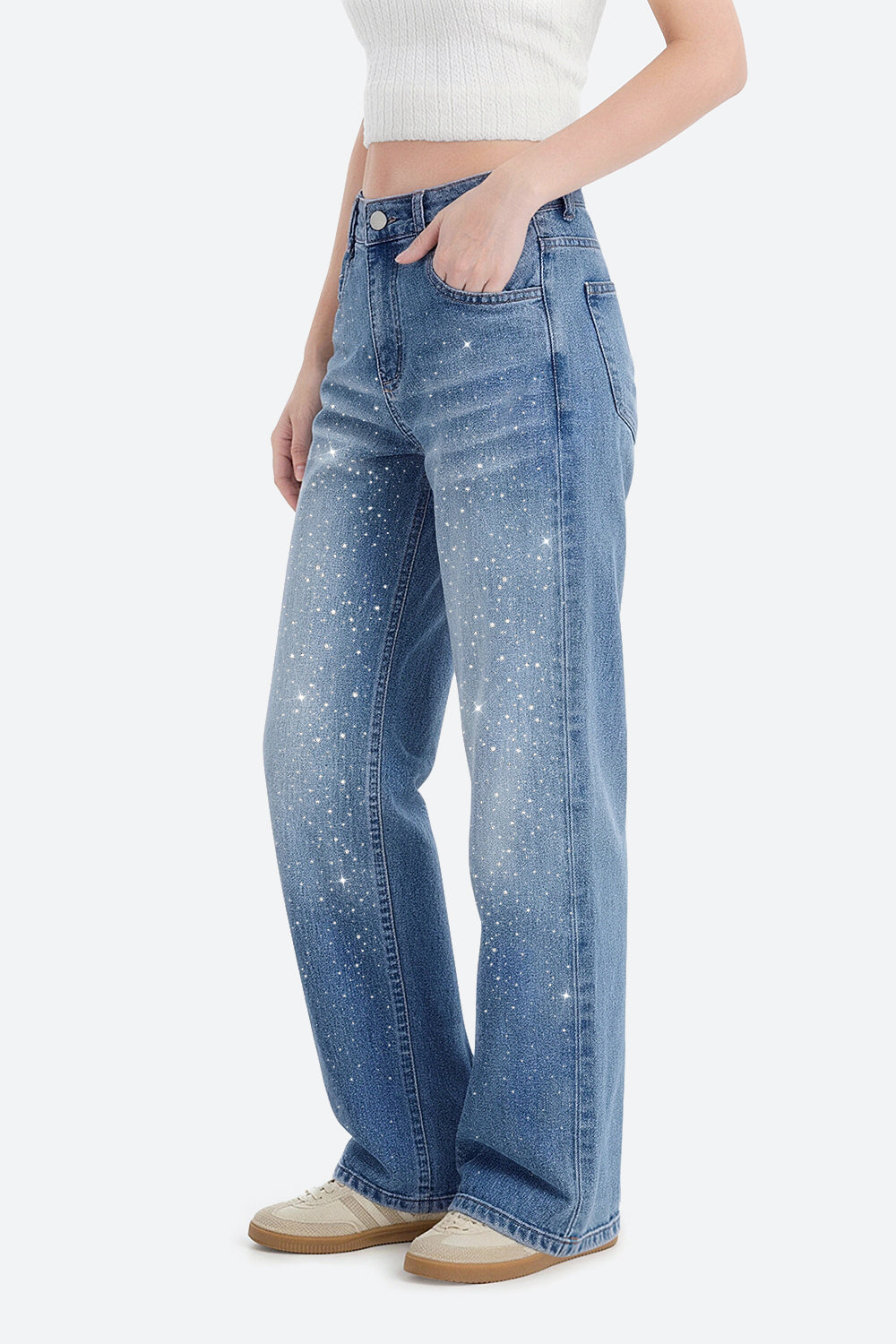 Nova Rhinestone Wide Straight Jeans – Light Blue