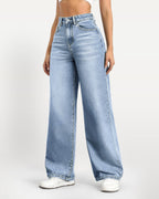 High-Waisted Stretch Wide-Leg Straight Jeans - Light Blue