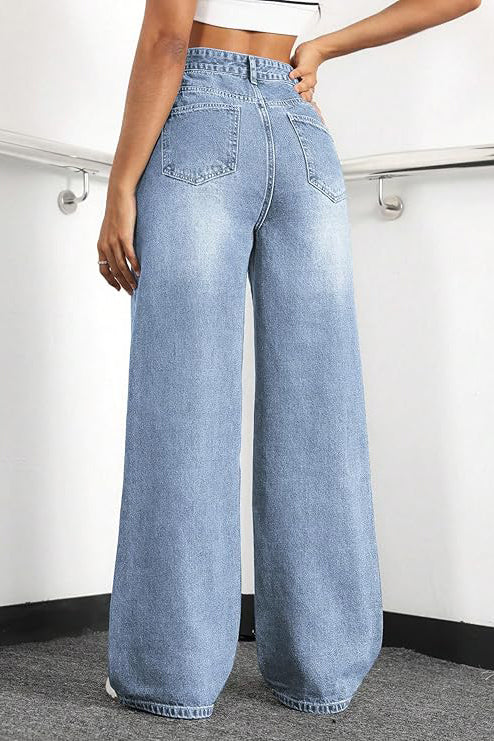 High-Waisted Stretch Wide-Leg Straight Jeans - Light Blue