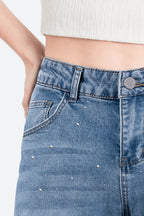 Nova Rhinestone Wide Straight Jeans – Light Blue