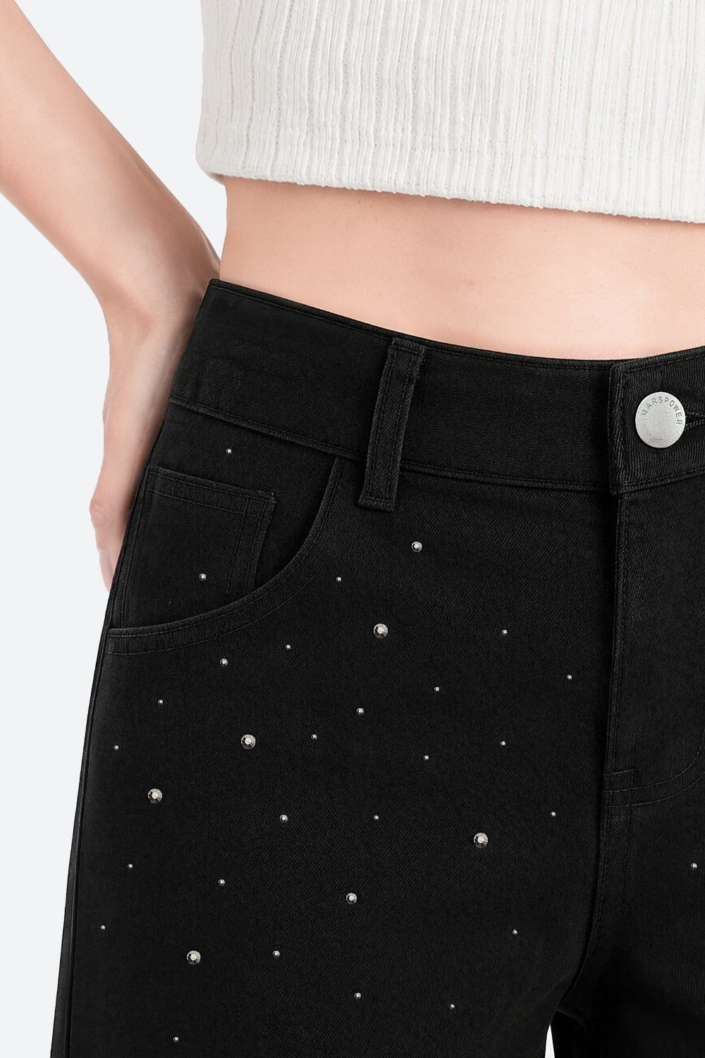 Nova Rhinestone Wide Straight Jeans – Black