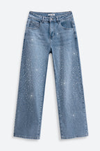 Nova Rhinestone Wide Straight Jeans – Light Blue