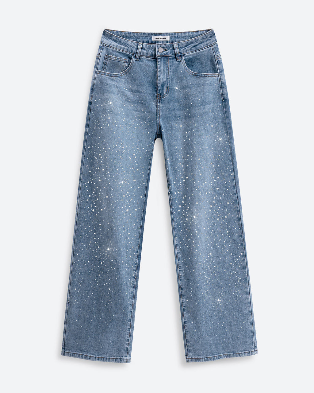 Nova Rhinestone Wide Straight Jeans – Light Blue