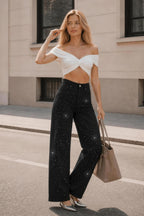 Nova Rhinestone Wide Straight Jeans – Black