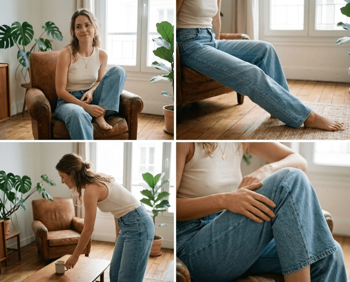 Woman wearing blue jeans sitting on a brown chair in a room with plants and a window.
