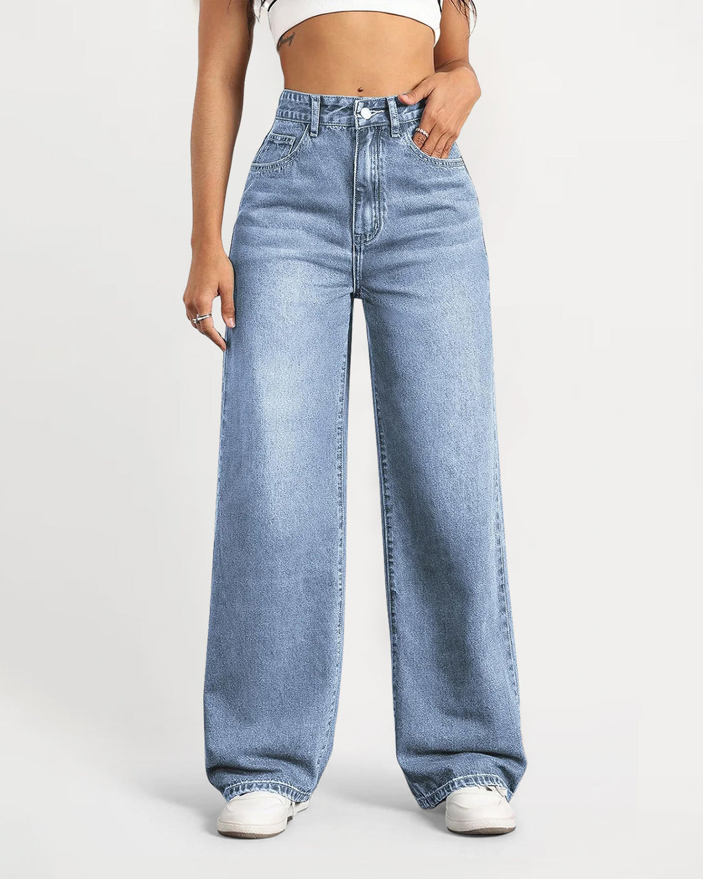 High-Waisted Stretch Wide-Leg Straight Jeans - Light Blue