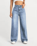 High-Waisted Stretch Wide-Leg Straight Jeans - Light Blue
