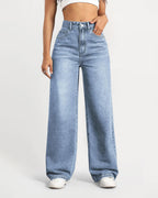 High-Waisted Stretch Wide-Leg Straight Jeans - Light Blue
