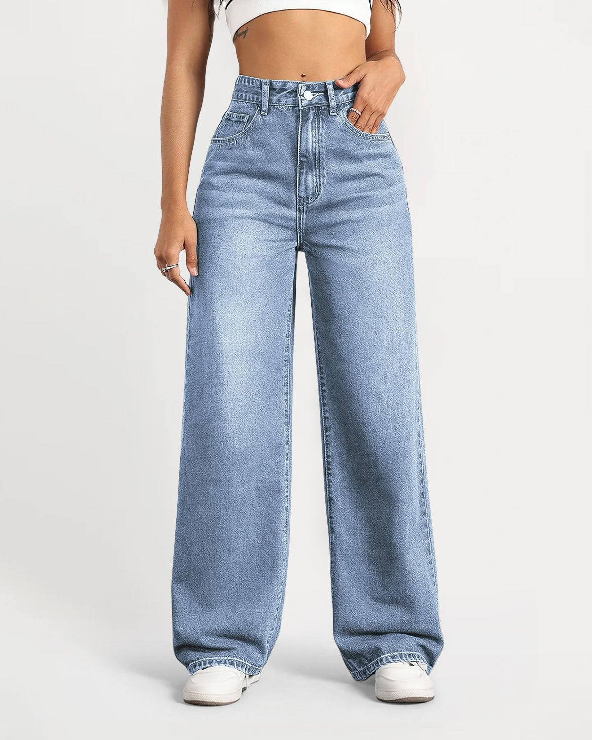 High-Waisted Stretch Wide-Leg Straight Jeans - Light Blue