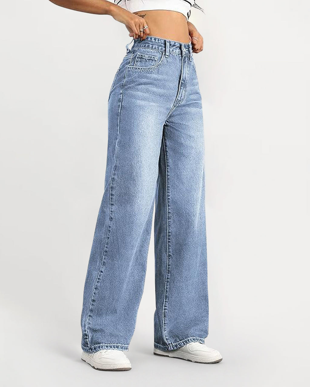 High-Waisted Stretch Wide-Leg Straight Jeans - Light Blue