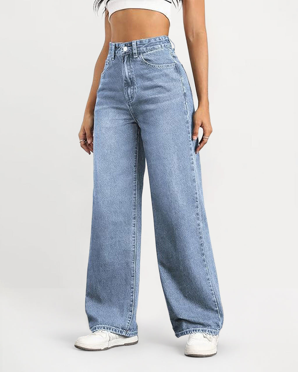 High-Waisted Stretch Wide-Leg Straight Jeans - Light Blue