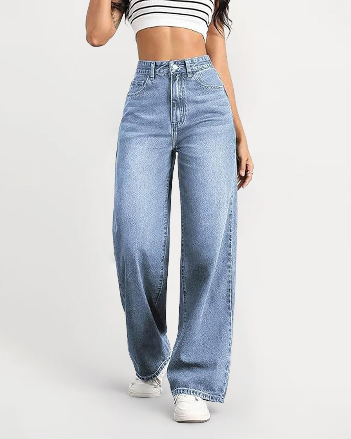 High-Waisted Stretch Wide-Leg Straight Jeans - Light Blue
