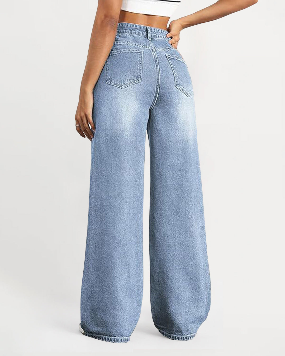 High-Waisted Stretch Wide-Leg Straight Jeans - Light Blue
