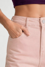 Women wearing pink wide leg stretch jeans