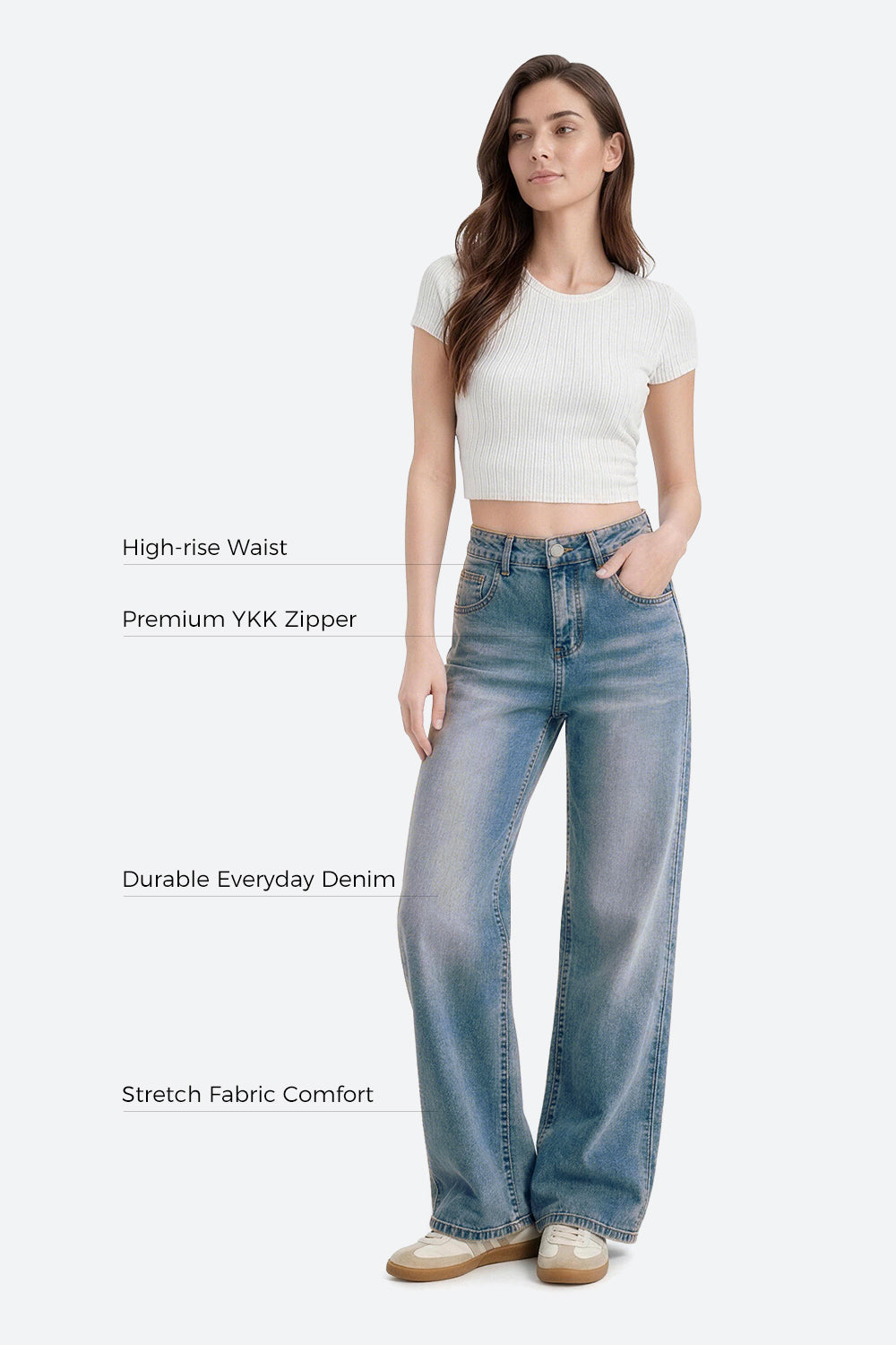 Women wearing retro blue wide leg stretch jeans