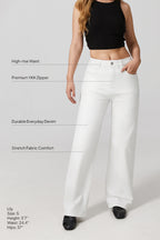 Women wearing white wide leg stretch jeans