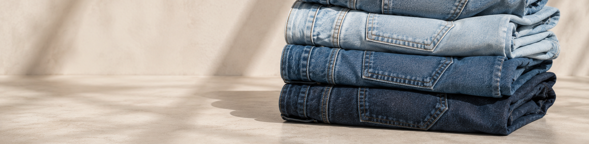 Stack of folded blue jeans on a wooden surface with a neutral background